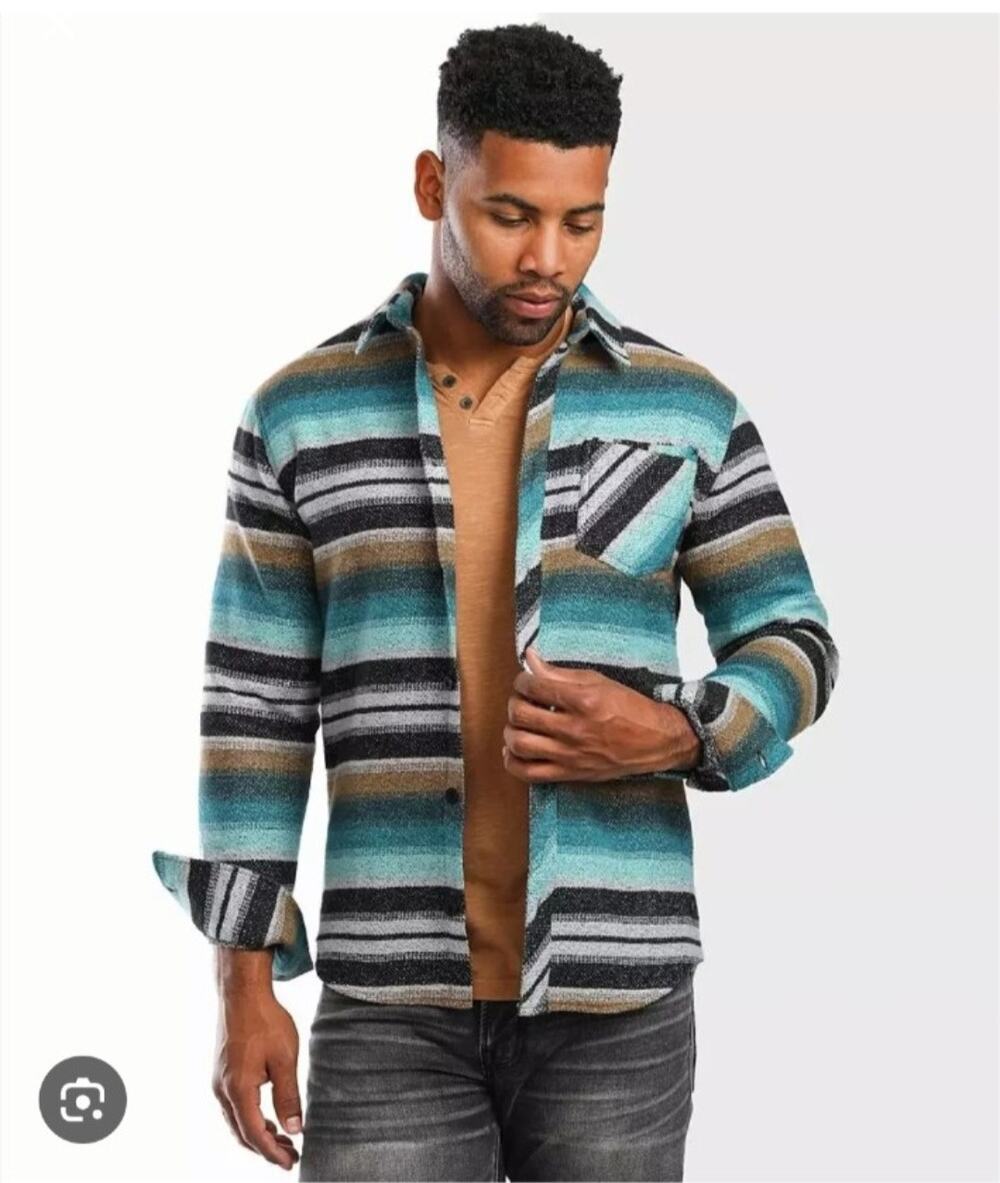 DepartmentWest Men's Striped Flannel Shirt teal black brown button front size L